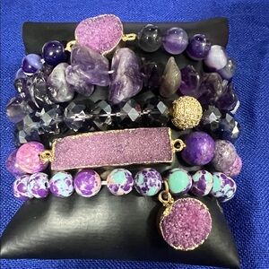 Purple Druzy & Beaded Stackable Bracelet Set - Women Jewelry